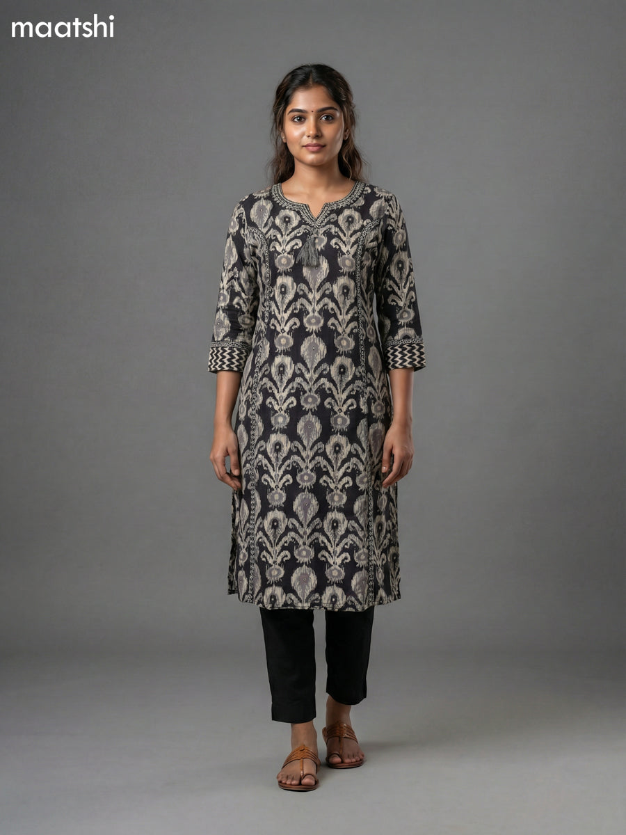 Black Cotton Ikat Printed Straight Kurti Without Pant