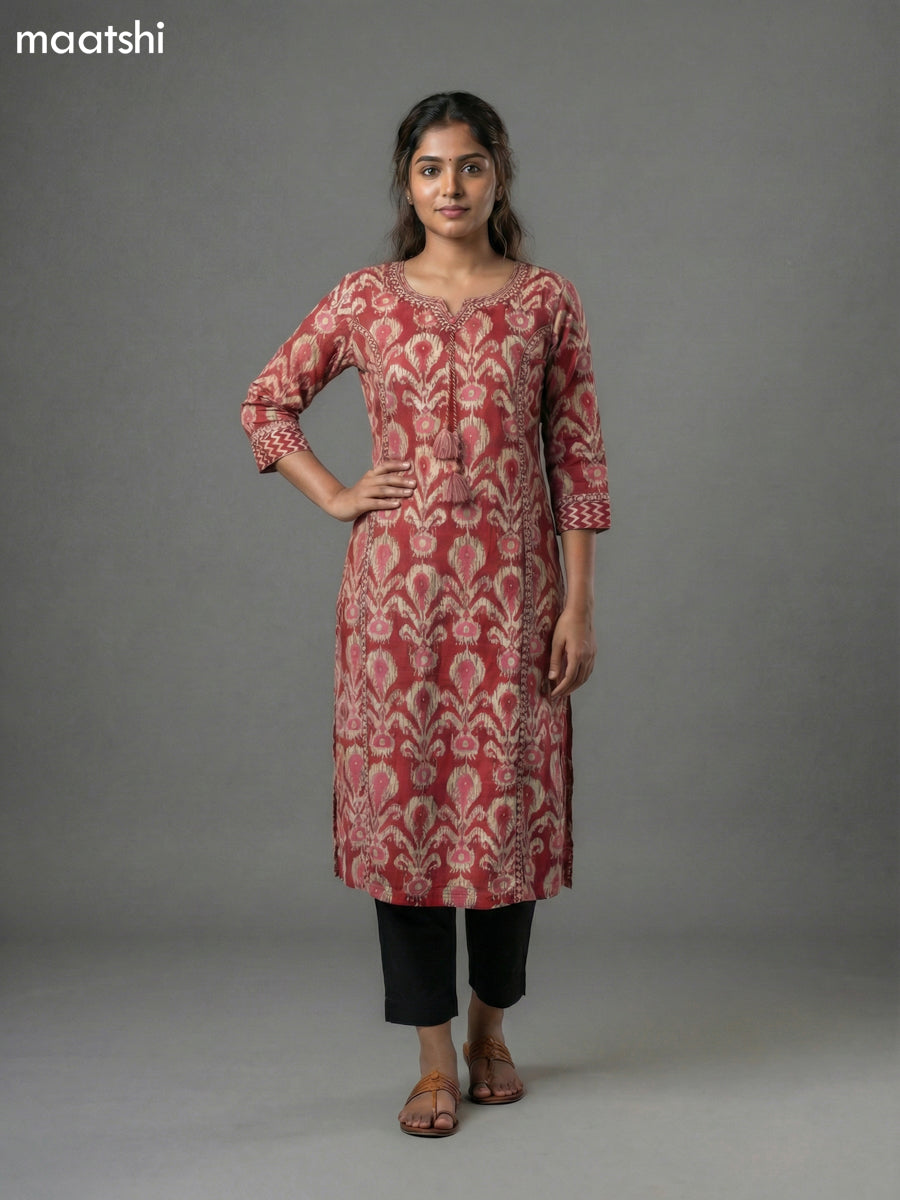 Maroon Cotton Ikat Printed Straight Kurti Without Pant