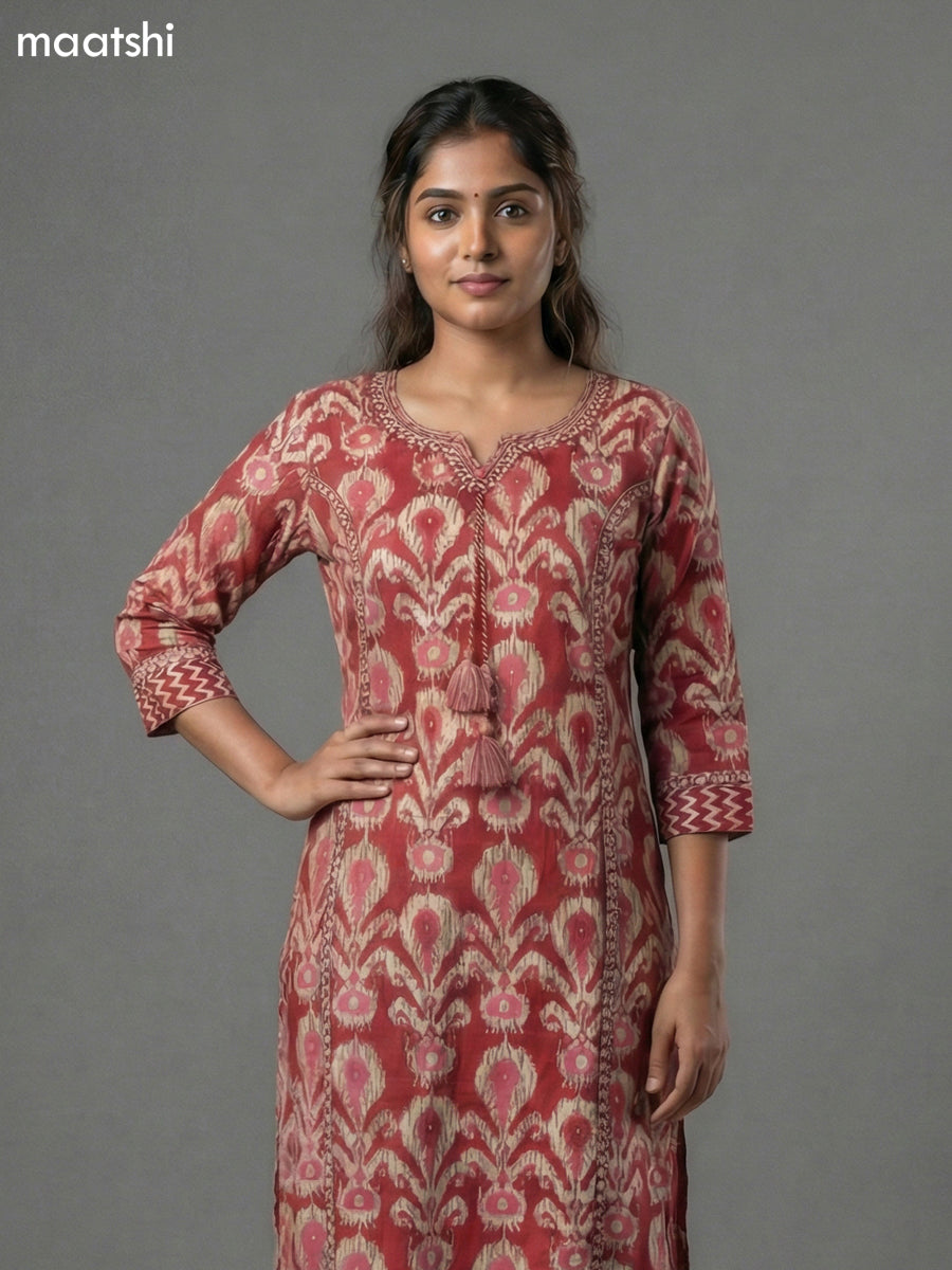 Maroon Cotton Ikat Printed Straight Kurti Without Pant