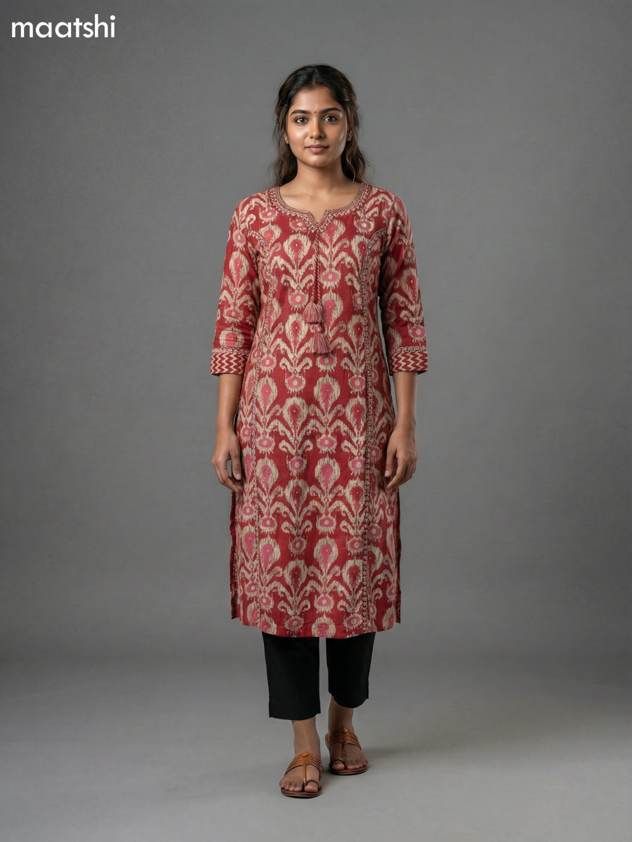 Maroon Cotton Ikat Printed Straight Kurti Without Pant
