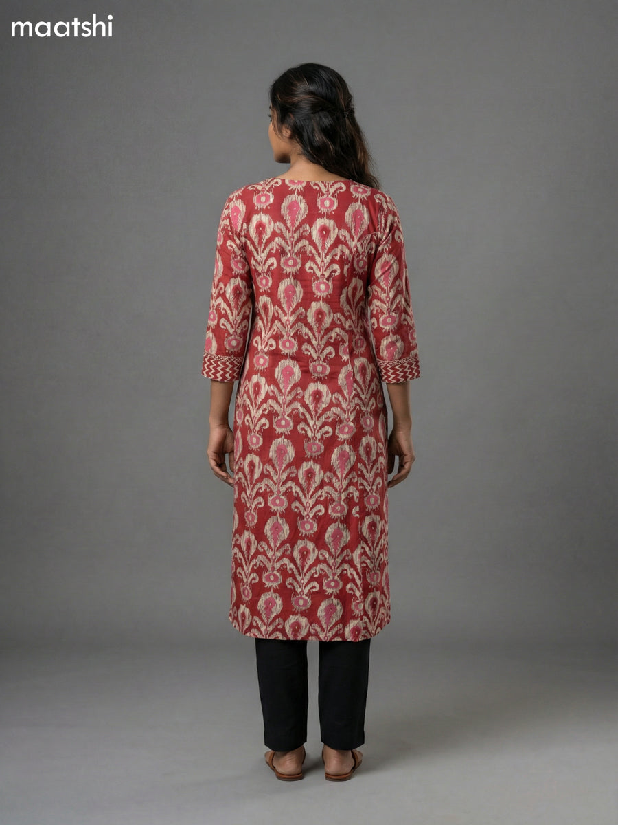 Maroon Cotton Ikat Printed Straight Kurti Without Pant