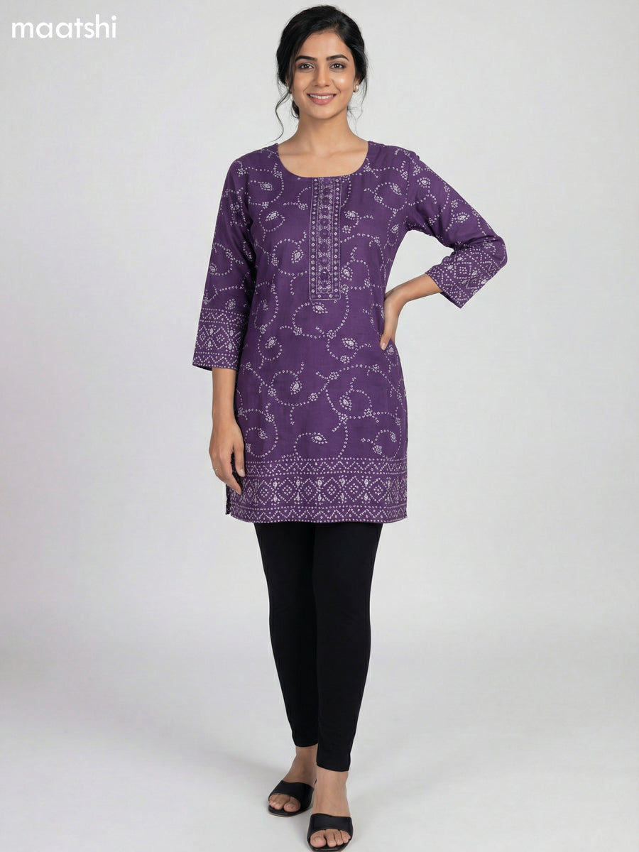 Violet Cotton Bandhini Printed Short Kurti
