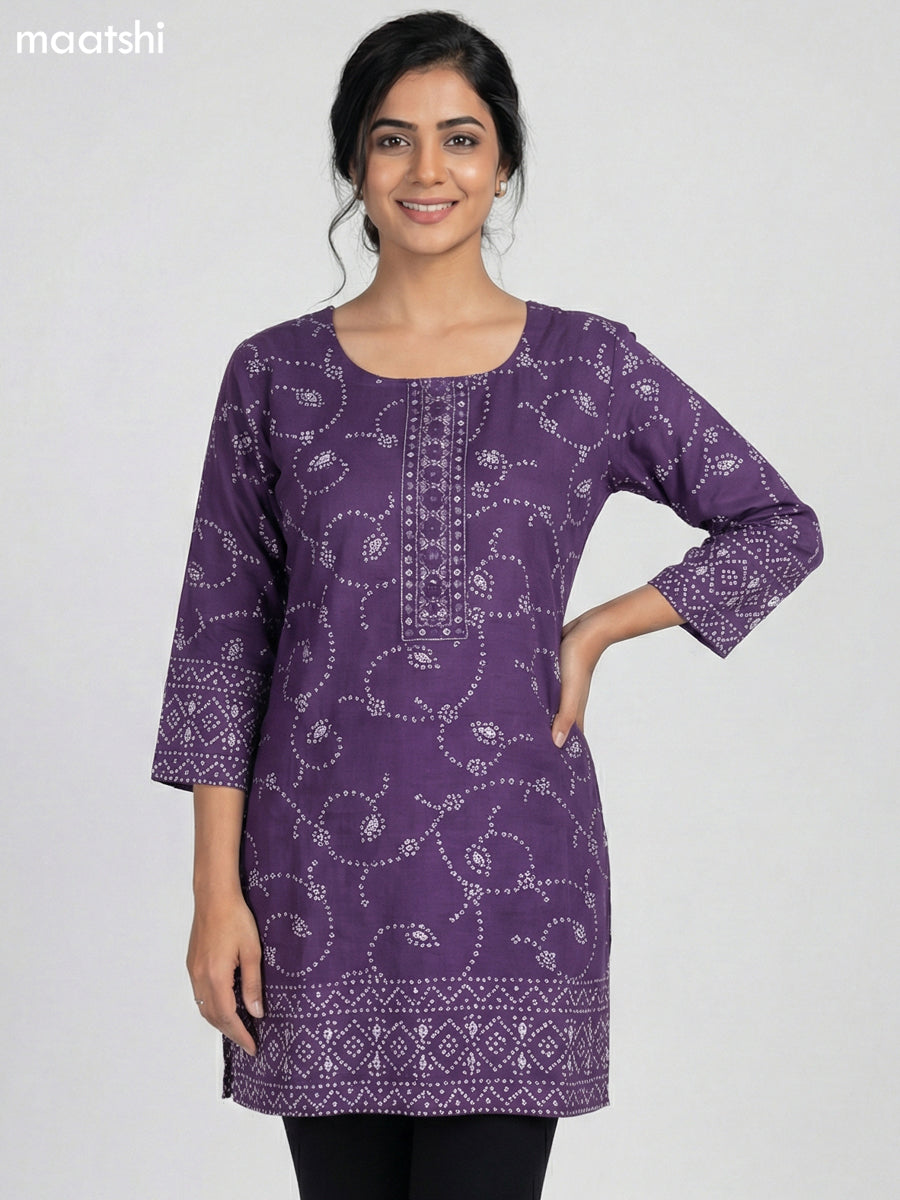 Violet Cotton Bandhini Printed Short Kurti