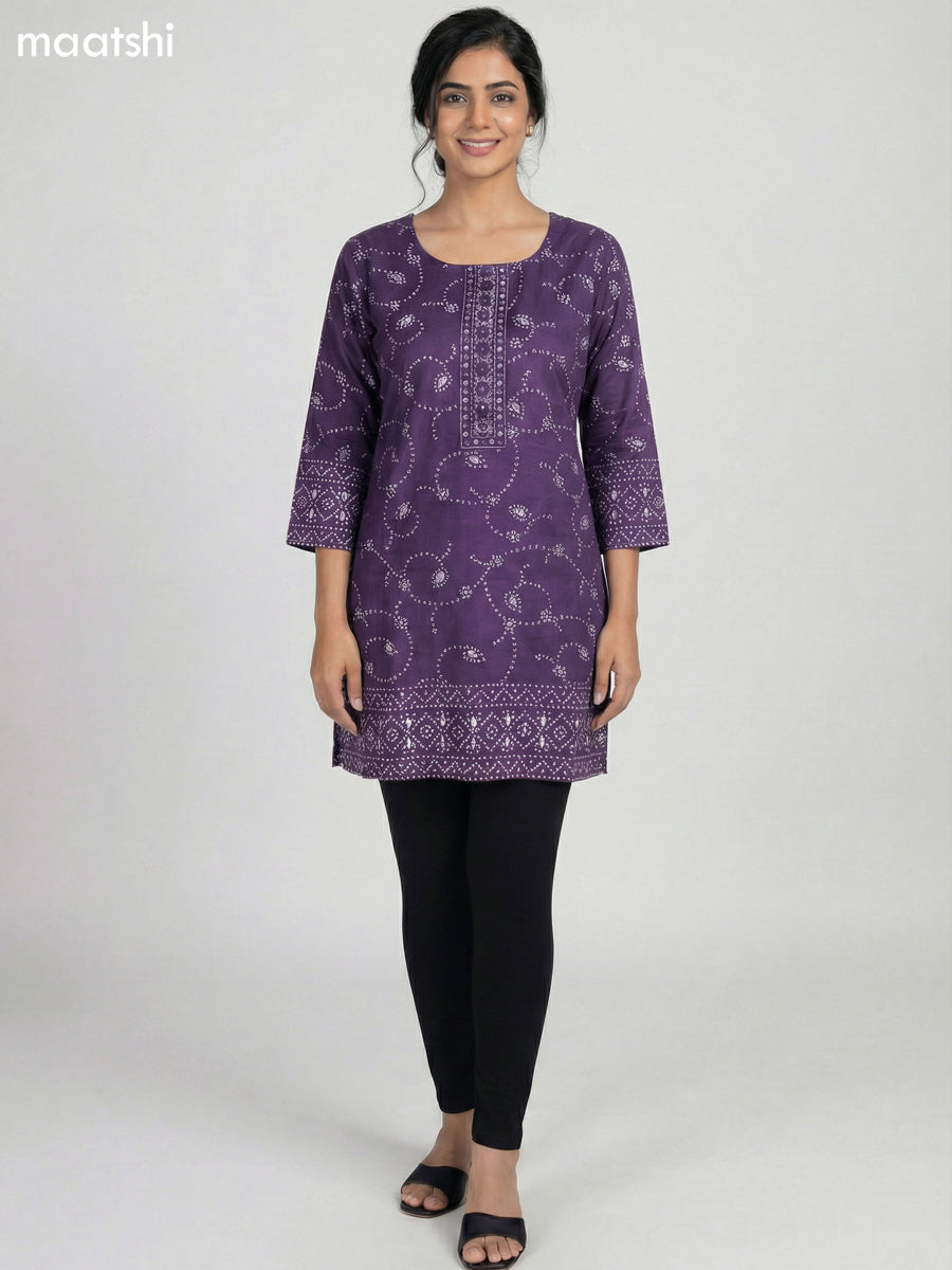 Violet Cotton Bandhini Printed Short Kurti