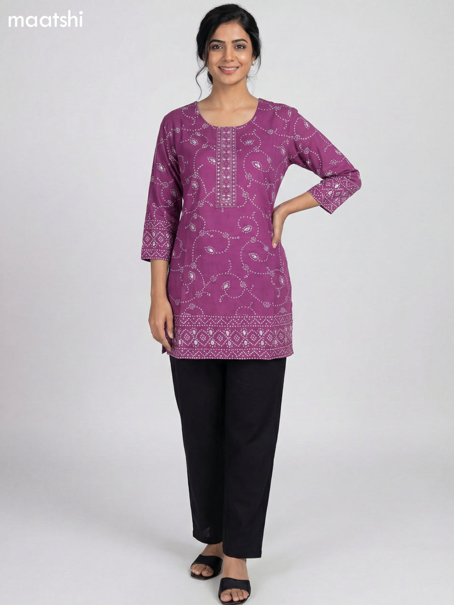 Purple Shade Cotton Bandhini Printed Short Kurti