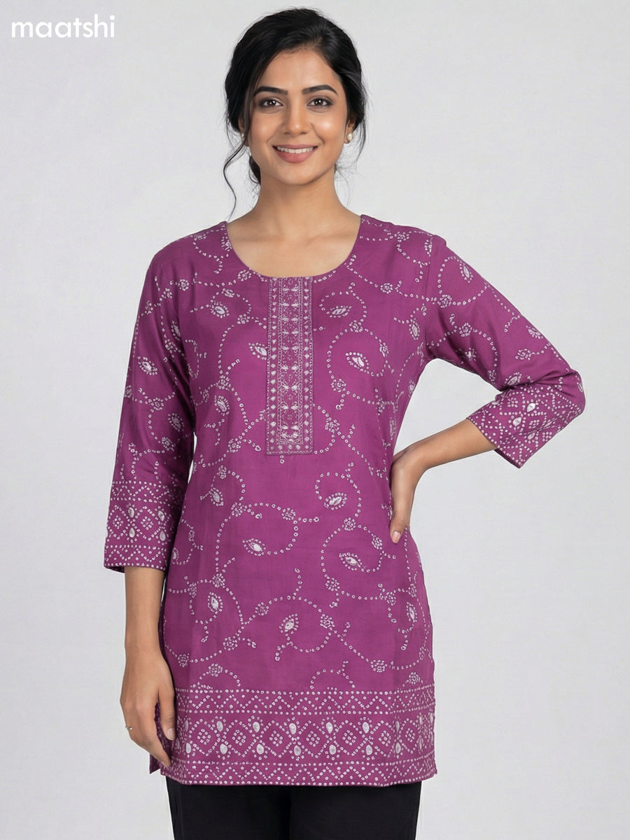 Purple Shade Cotton Bandhini Printed Short Kurti