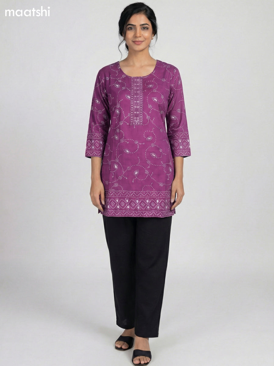 Purple Shade Cotton Bandhini Printed Short Kurti