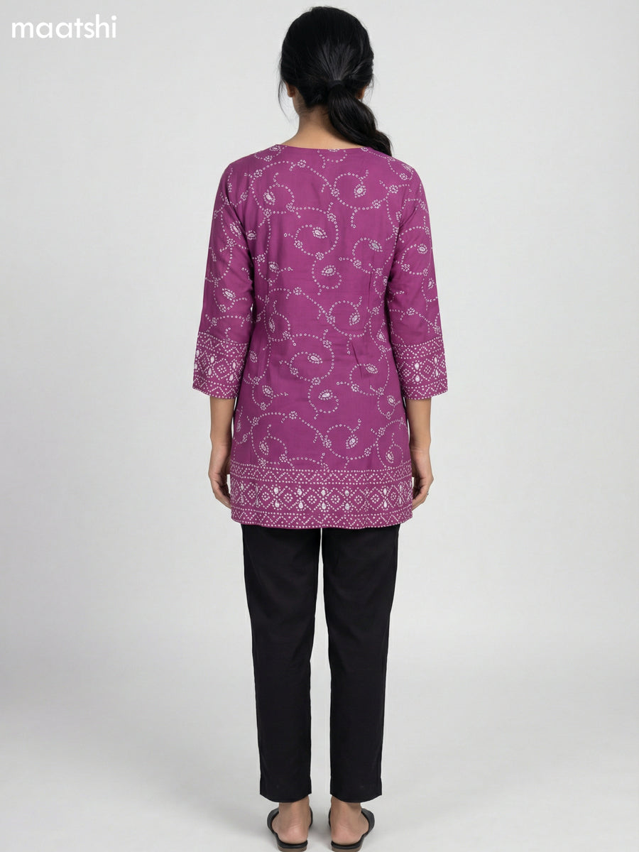 Purple Shade Cotton Bandhini Printed Short Kurti