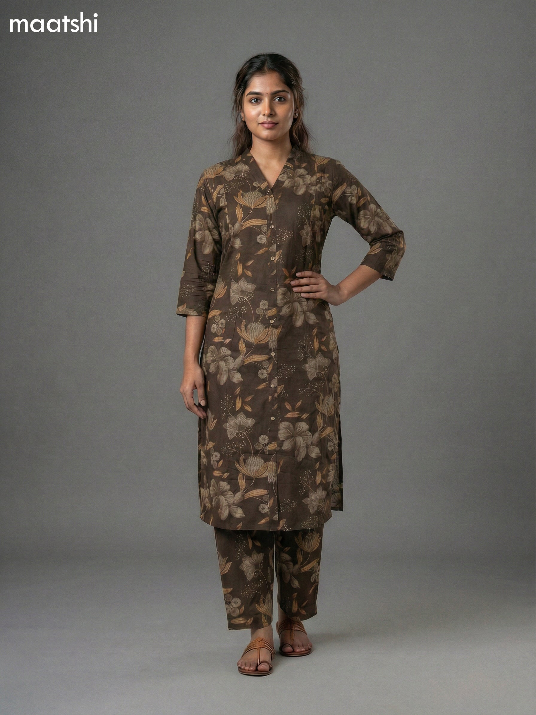 Dark Brown Cotton Printed Co-Ord Set