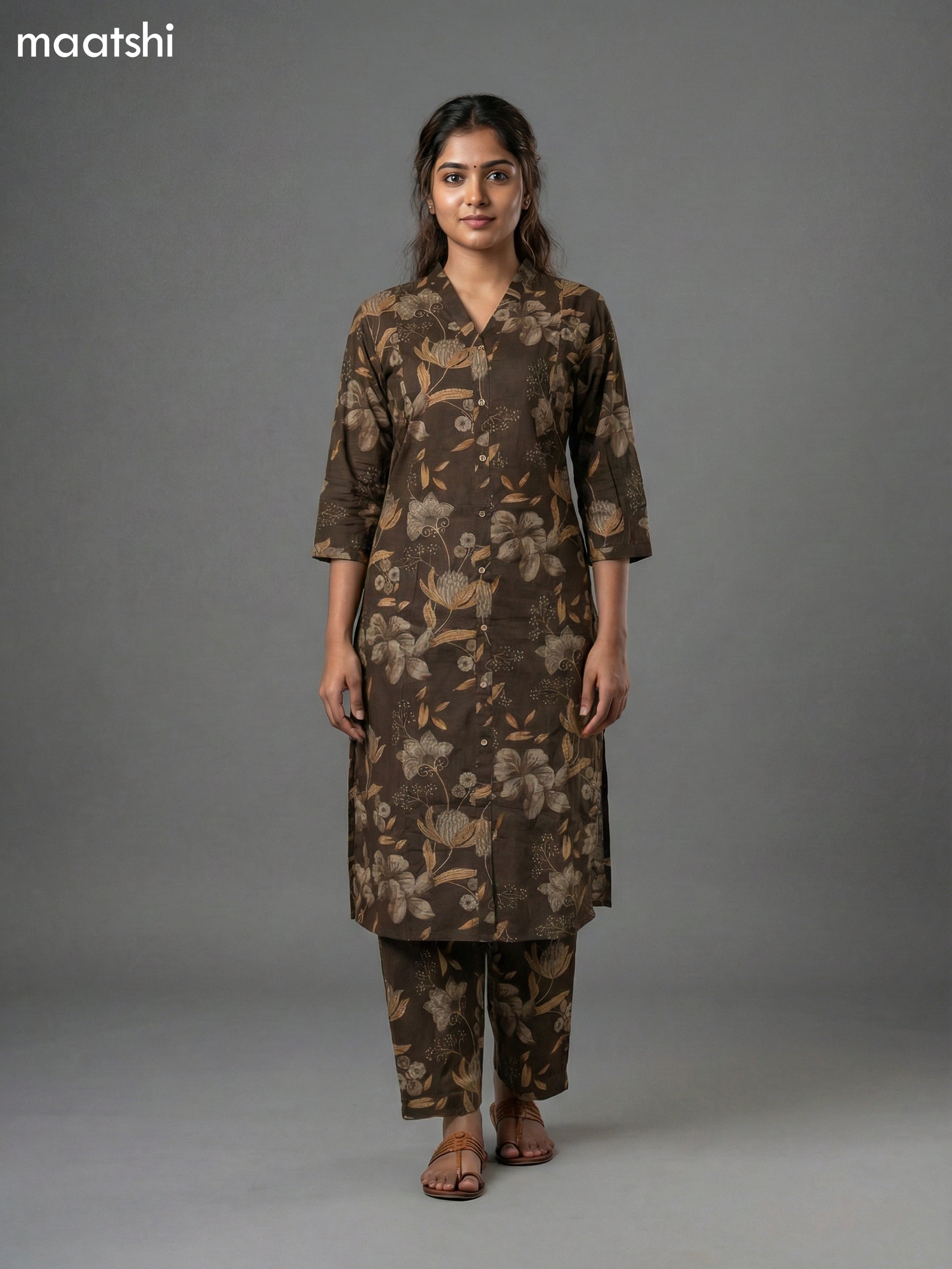 Dark Brown Cotton Printed Co-Ord Set