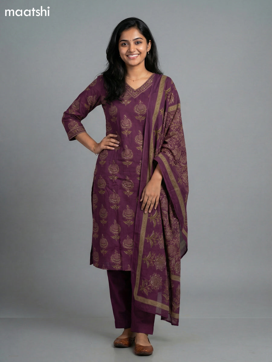 Jamun Shade Cotton Printed Straight Suit
