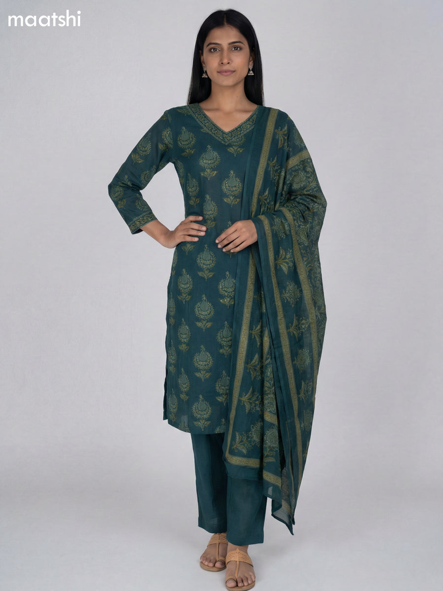 Dark Green Cotton Printed Straight Suit