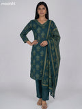Dark Green Cotton Printed Straight Suit