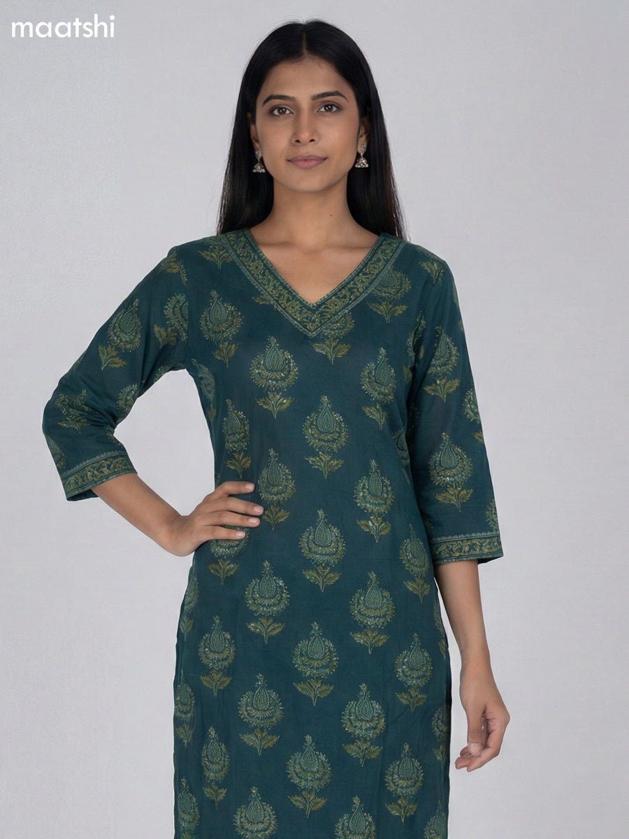 Dark Green Cotton Printed Straight Suit