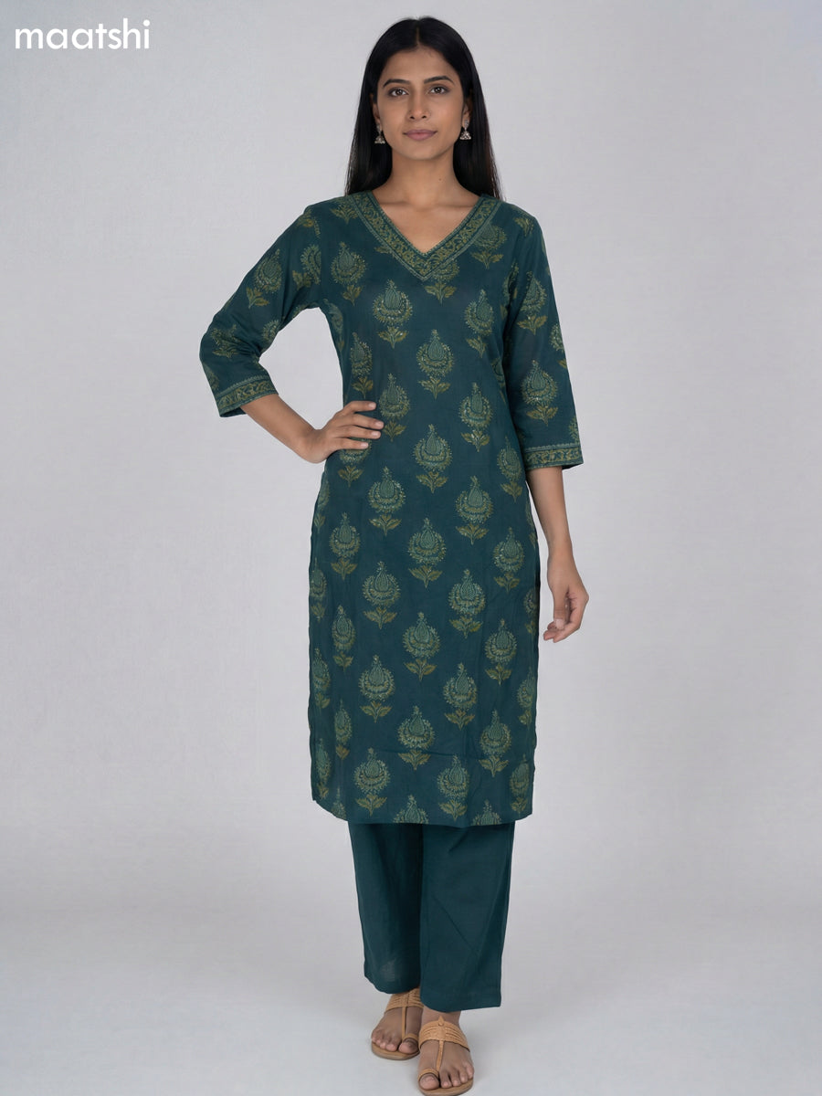 Dark Green Cotton Printed Straight Suit