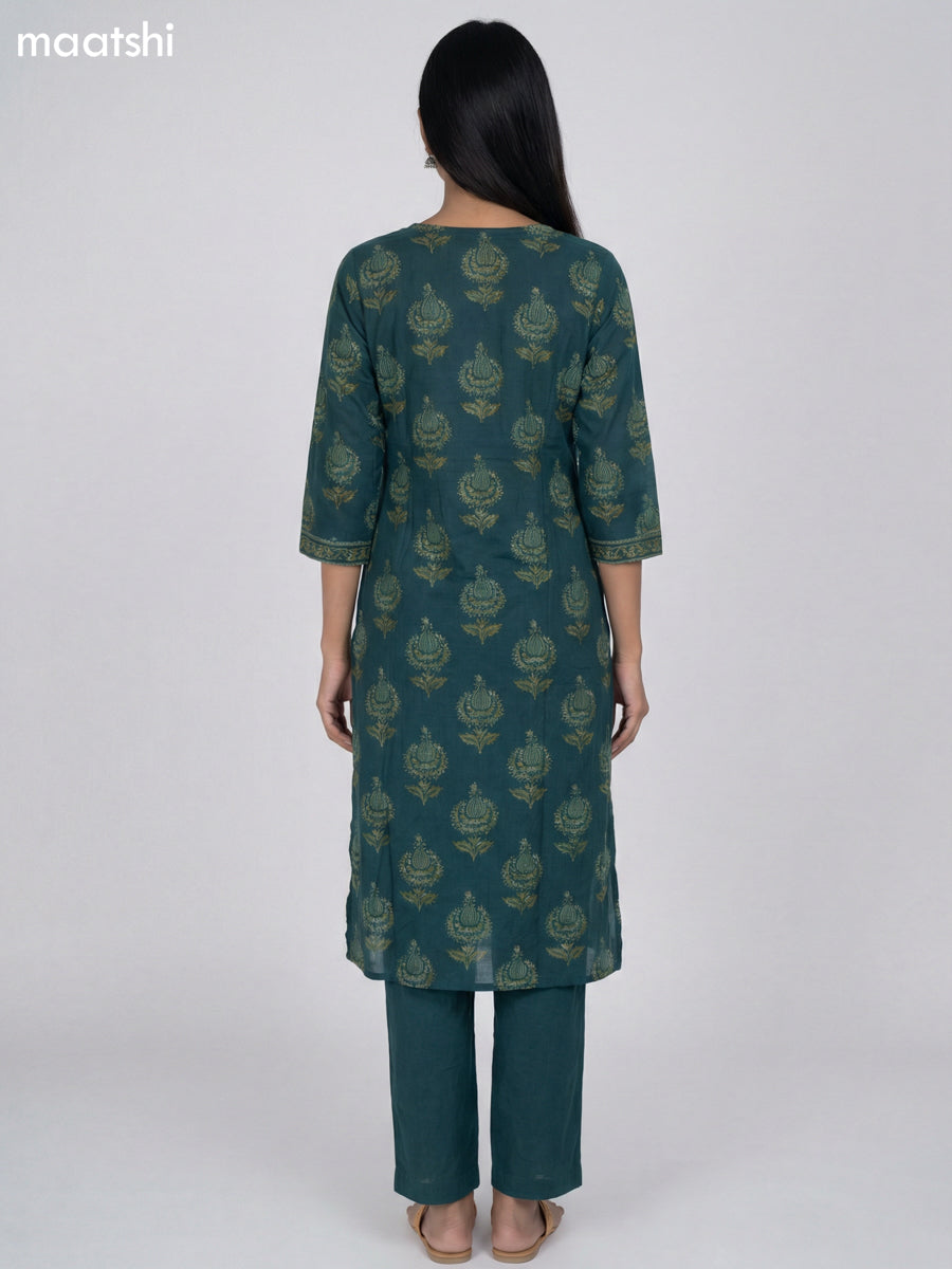 Dark Green Cotton Printed Straight Suit