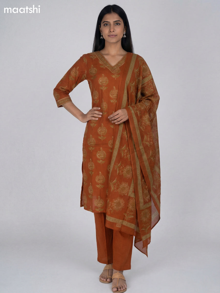 Rust Orange Cotton Printed Straight Suit