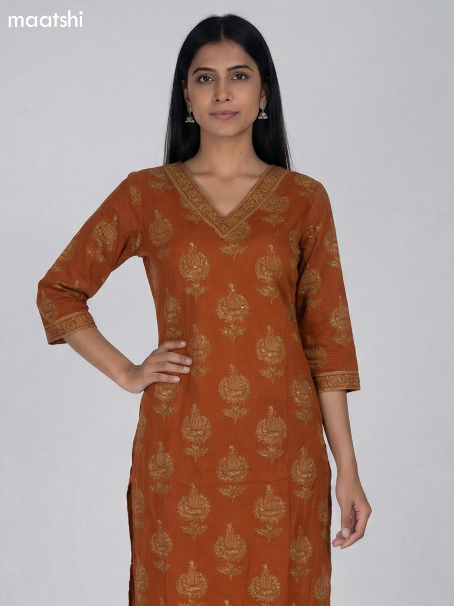 Rust Orange Cotton Printed Straight Suit