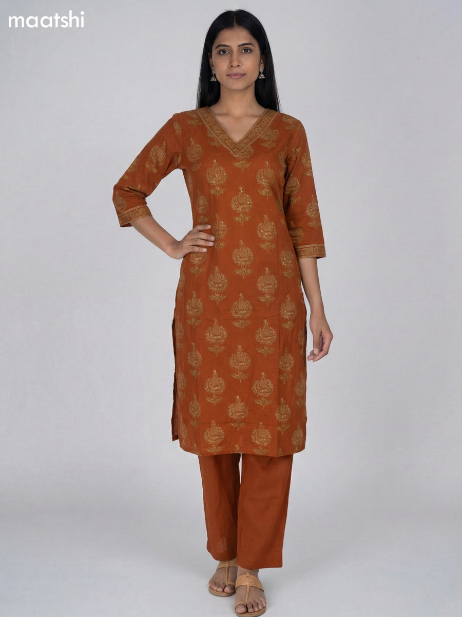 Rust Orange Cotton Printed Straight Suit