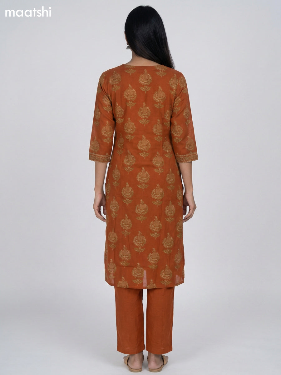 Rust Orange Cotton Printed Straight Suit