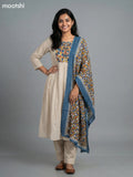 Beige and Blue Cotton Kalamkari Printed Neck Pattern Anarkali Suit