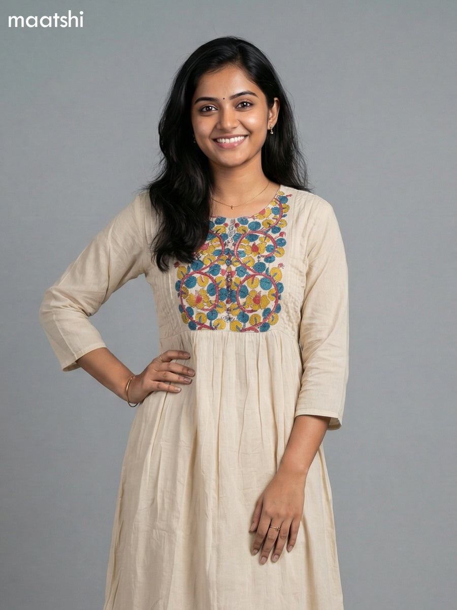 Beige and Blue Cotton Kalamkari Printed Neck Pattern Anarkali Suit