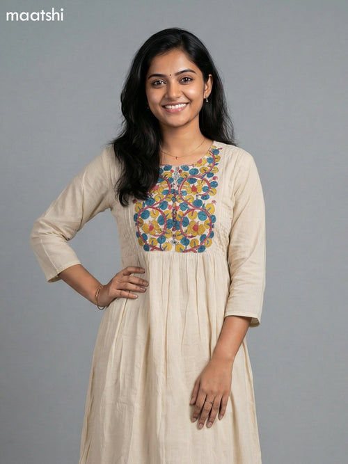 Beige and Blue Cotton Kalamkari Printed Neck Pattern Anarkali Suit