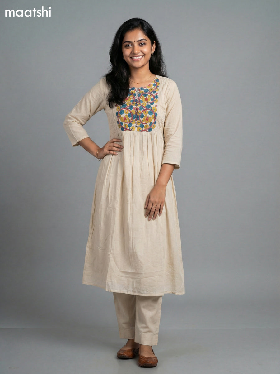 Beige and Blue Cotton Kalamkari Printed Neck Pattern Anarkali Suit