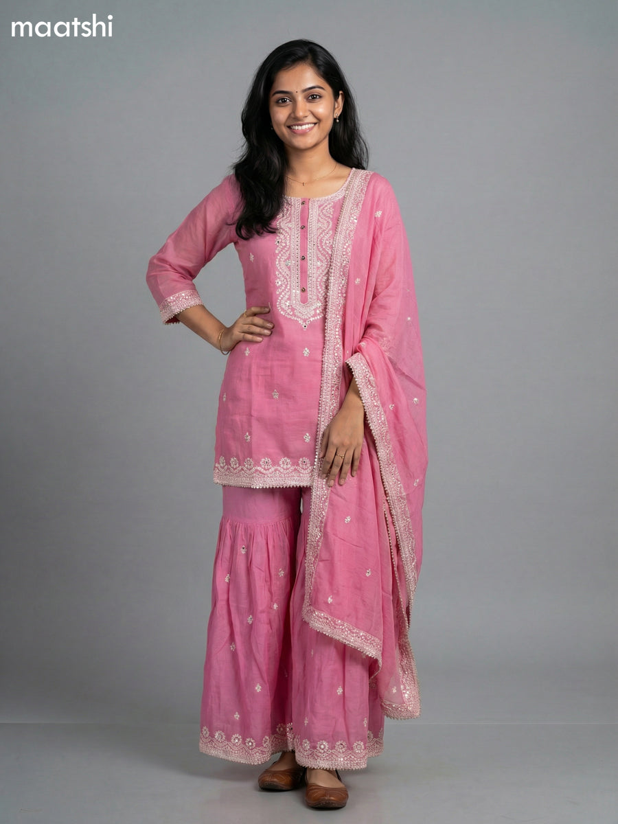 Baby Pink Cotton Simple Embroidery Work Short Straight Suit