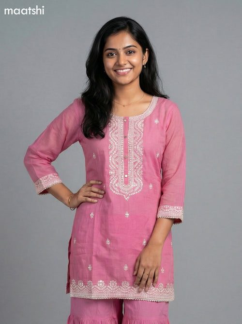 Baby Pink Cotton Simple Embroidery Work Short Straight Suit
