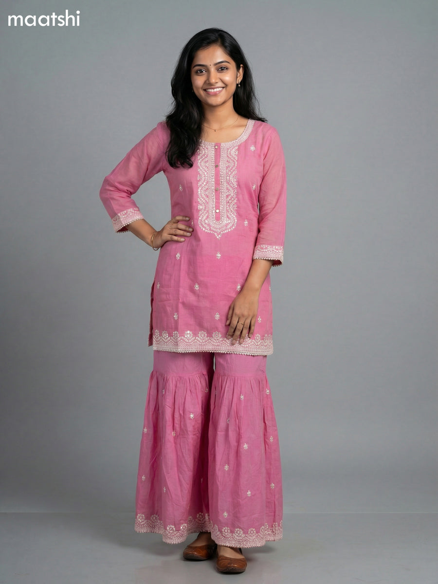 Baby Pink Cotton Simple Embroidery Work Short Straight Suit