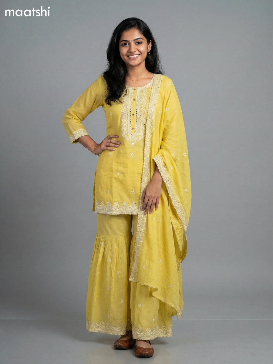 Yellow Cotton Simple Embroidery Work Short Straight Suit