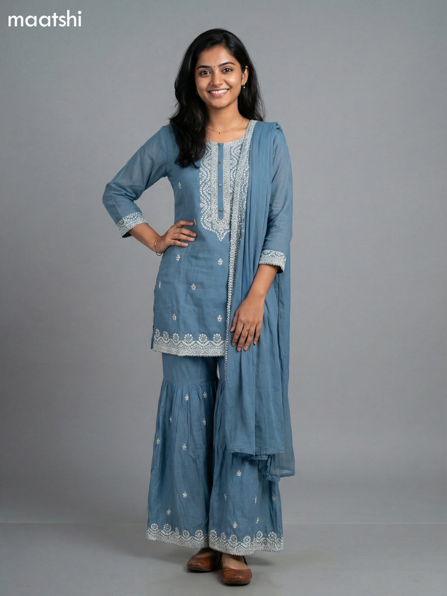 Greyish Blue Cotton Simple Embroidery Work Short Straight Suit