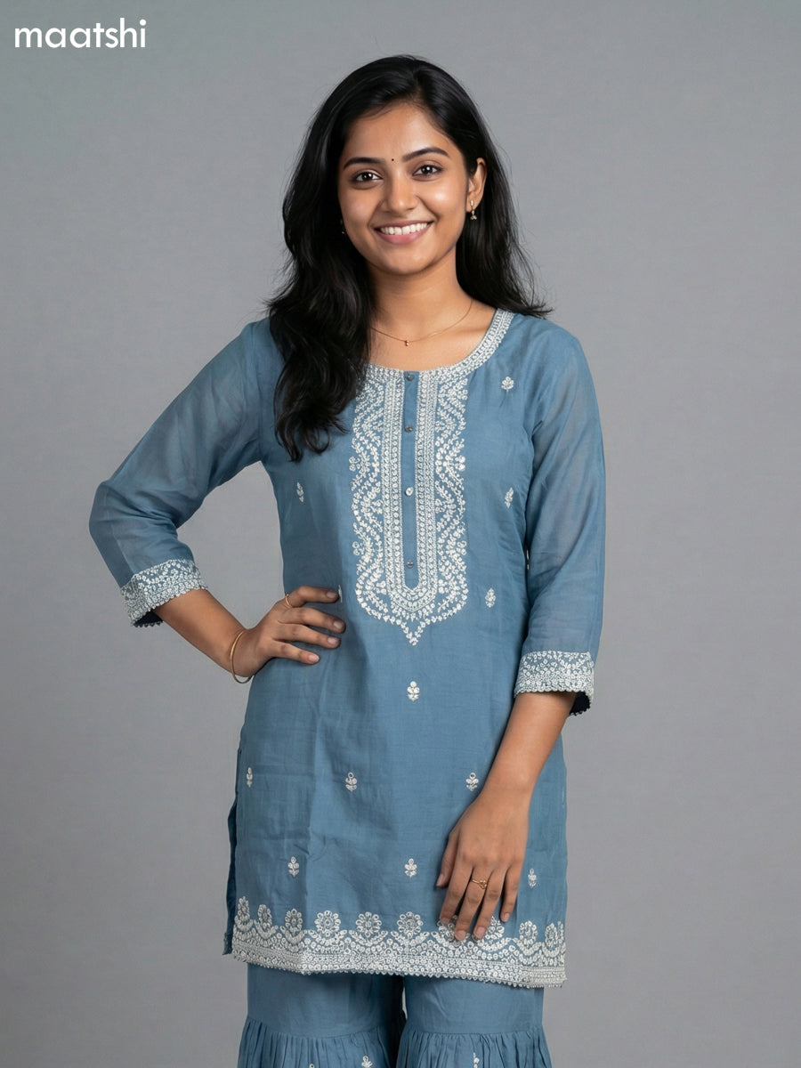 Greyish Blue Cotton Simple Embroidery Work Short Straight Suit