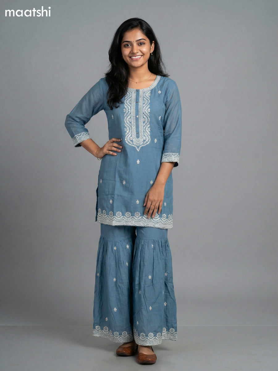 Greyish Blue Cotton Simple Embroidery Work Short Straight Suit