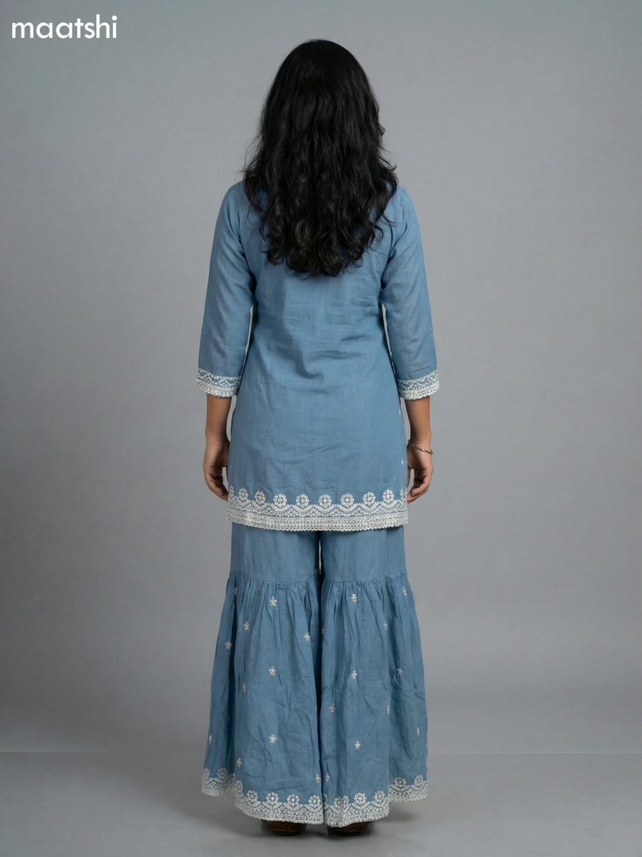 Greyish Blue Cotton Simple Embroidery Work Short Straight Suit