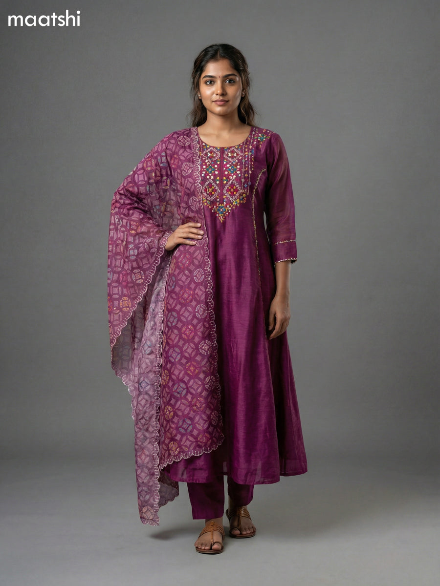 Magenta Pink Chanderi Embroidery Work Anarkali Suit