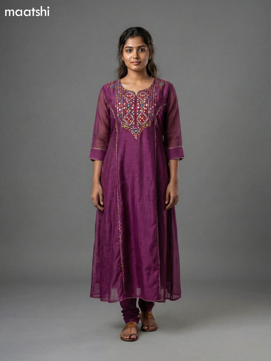 Magenta Pink Chanderi Embroidery Work Anarkali Suit