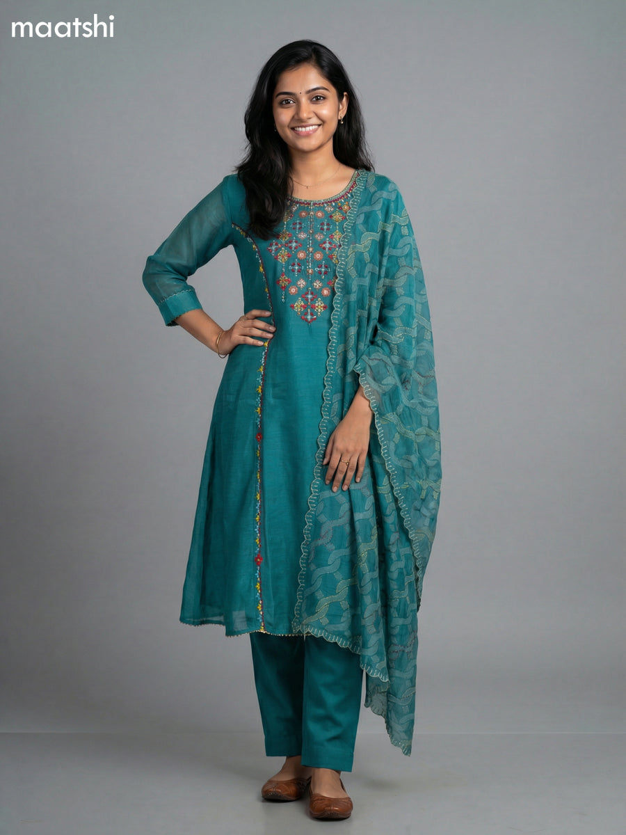 Teal Green Chanderi Embroidery Work Anarkali Suit