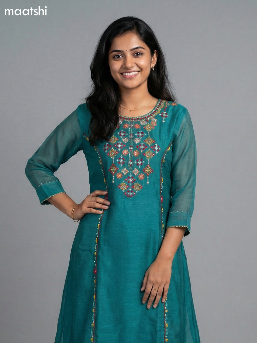 Teal Green Chanderi Embroidery Work Anarkali Suit
