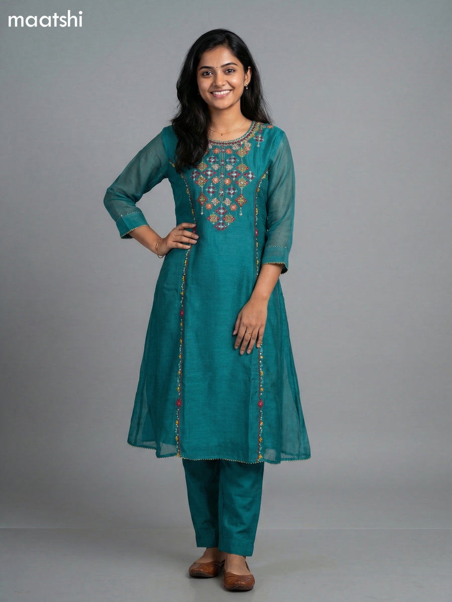Teal Green Chanderi Embroidery Work Anarkali Suit