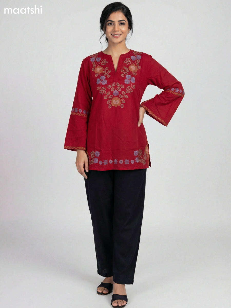 Red Cotton Embroidery Work Short Kurti
