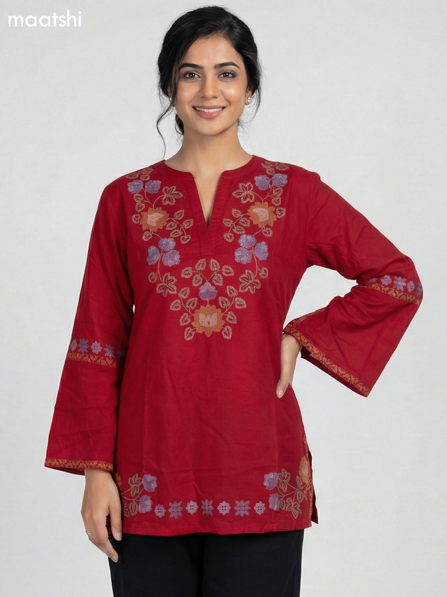 Red Cotton Embroidery Work Short Kurti