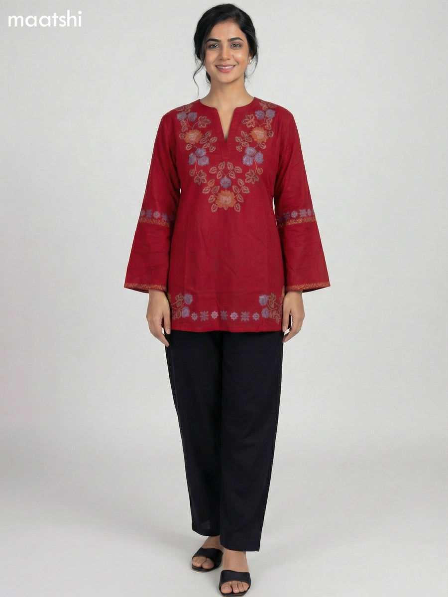 Red Cotton Embroidery Work Short Kurti