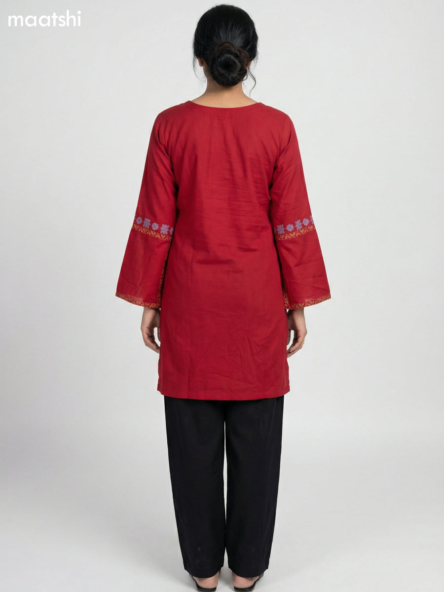 Red Cotton Embroidery Work Short Kurti