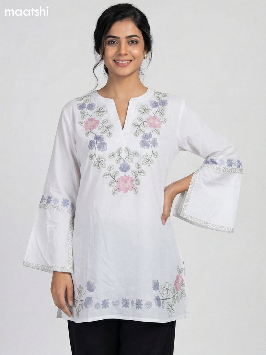 Off White Cotton Embroidery Work Short Kurti