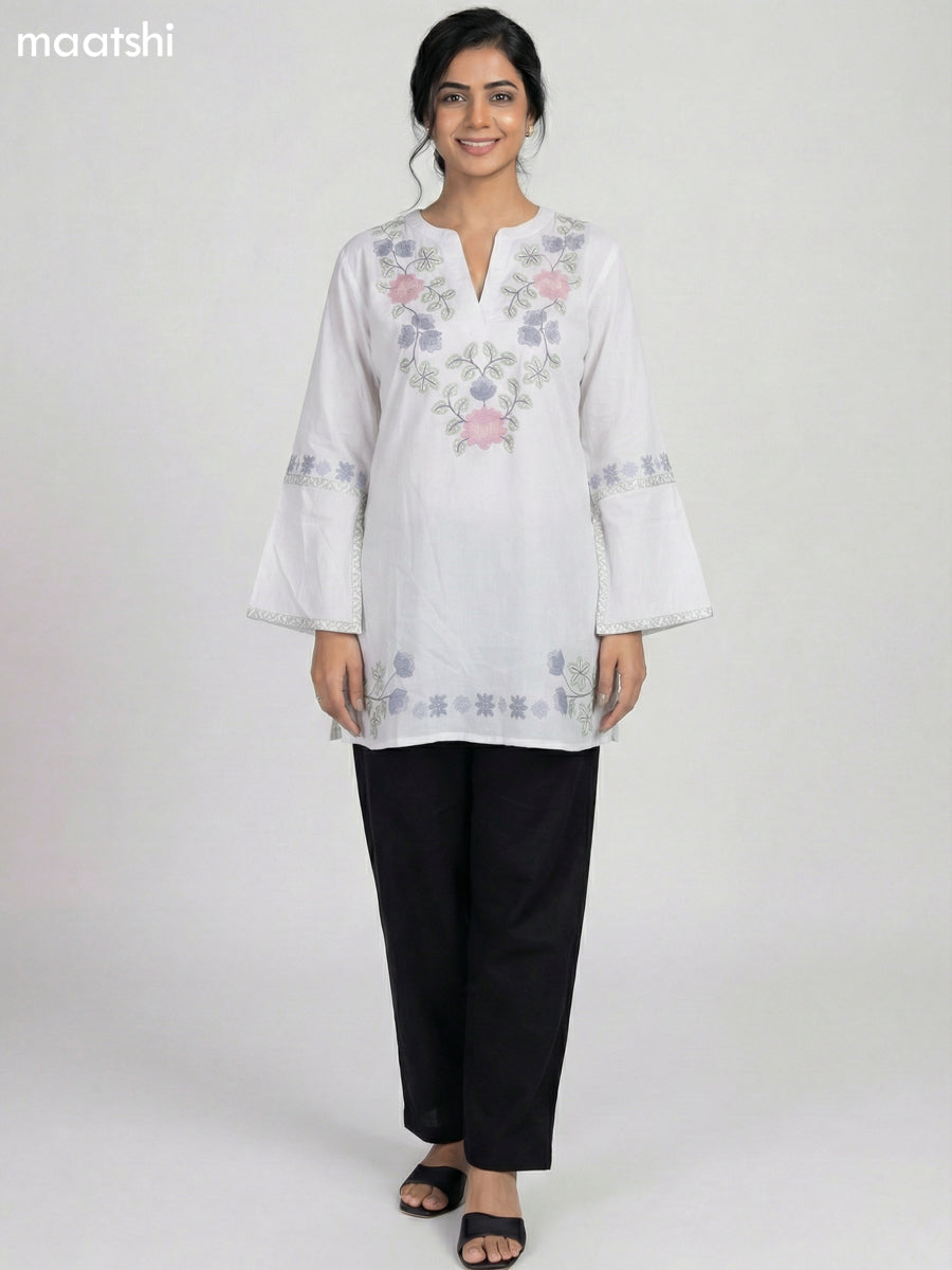 Off White Cotton Embroidery Work Short Kurti