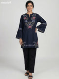 Navy Blue Cotton Embroidery Work Short Kurti