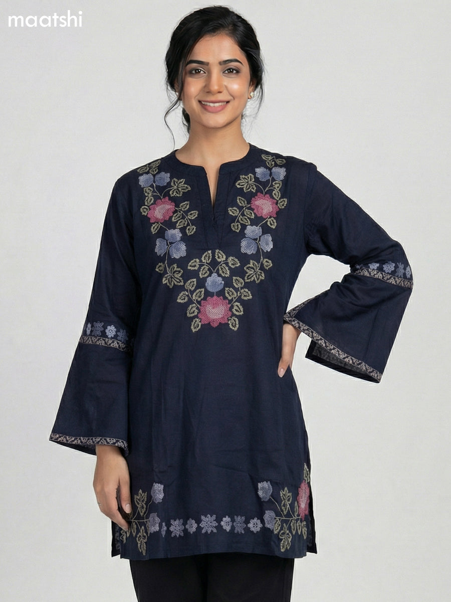 Navy Blue Cotton Embroidery Work Short Kurti