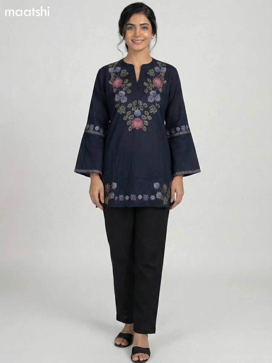 Navy Blue Cotton Embroidery Work Short Kurti